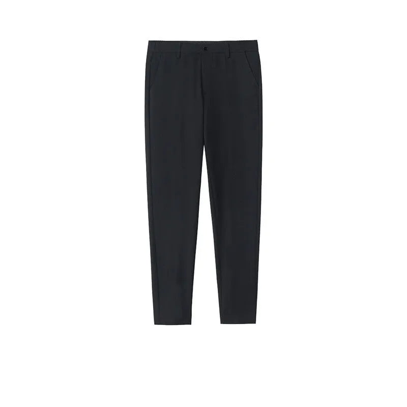 Men's slim straight cotton trousers in black, grey, or khaki with drawstring waist