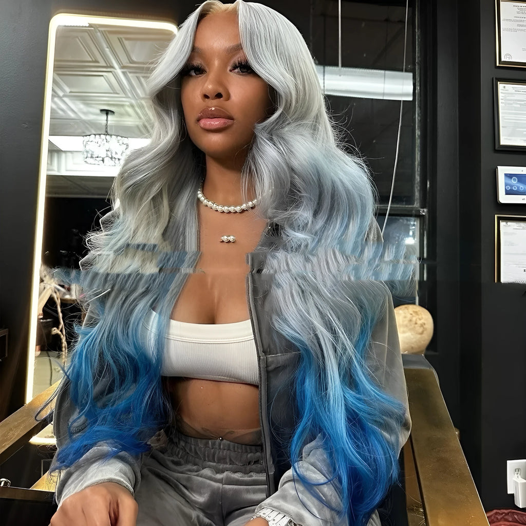 Grey blue gradient human hair lace front wig on a model, showing 4x4 lace construction.