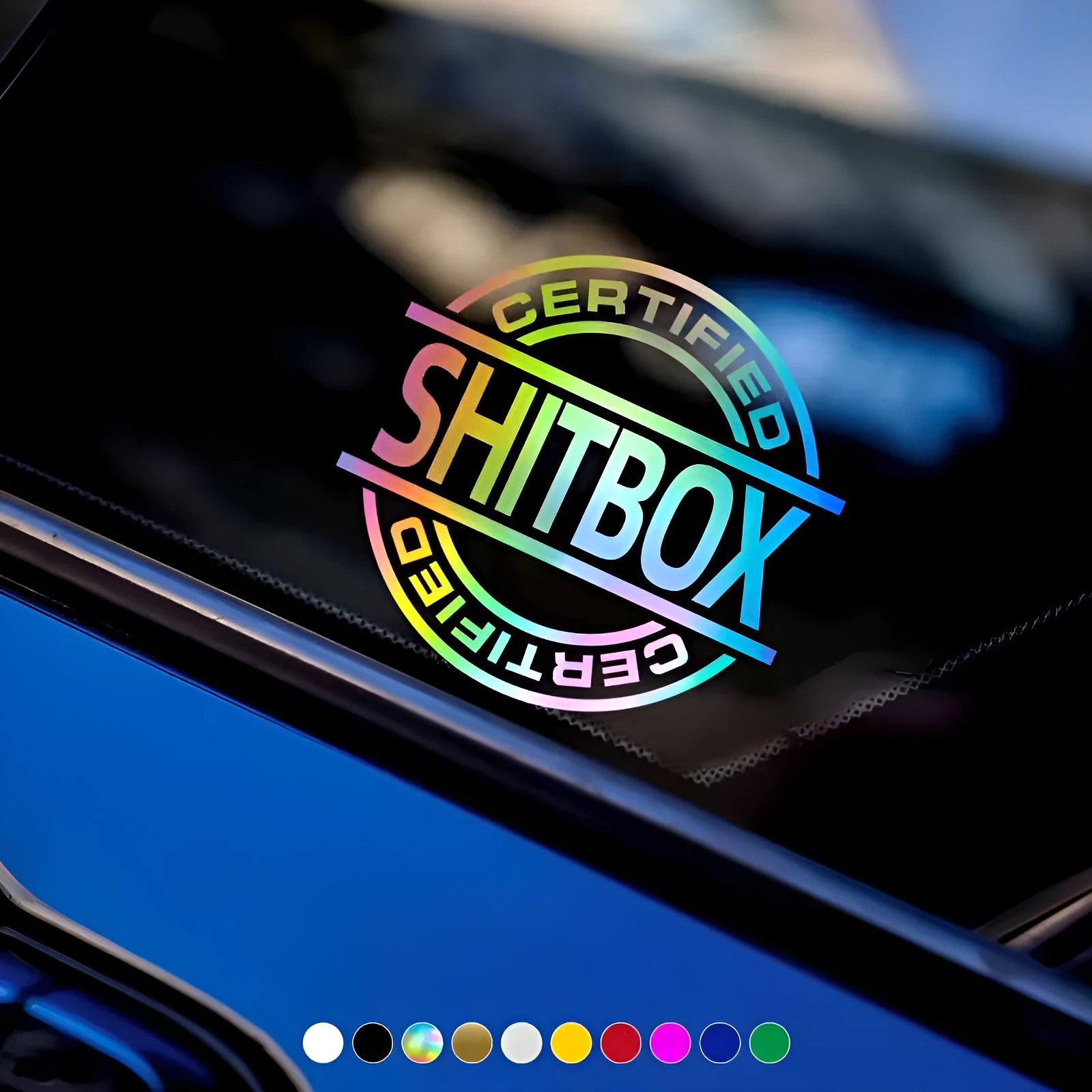 13 by 12 centimetre vinyl car sticker shown in multiple colour options on a white background.