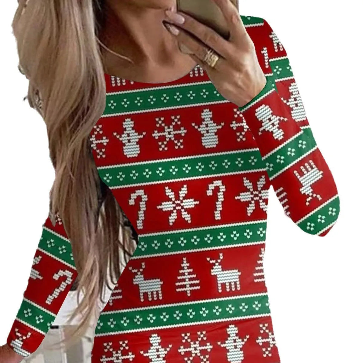 Women's red Christmas dress with animal print, long sleeves, round neck, and a short hip-length skirt.