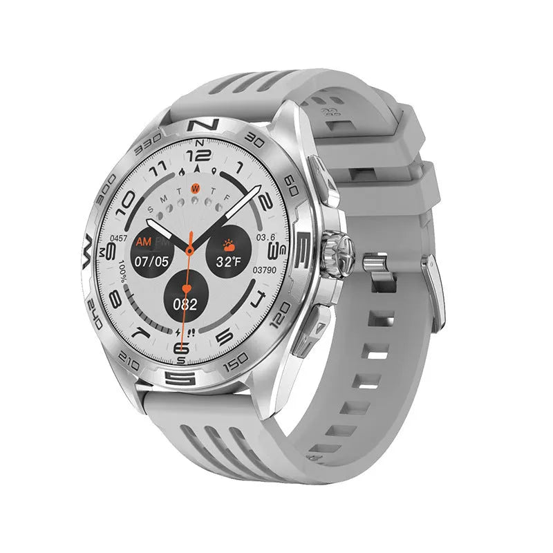 Men's smart watch displaying health stats on IPS screen, in black steel finish with metal strap.
