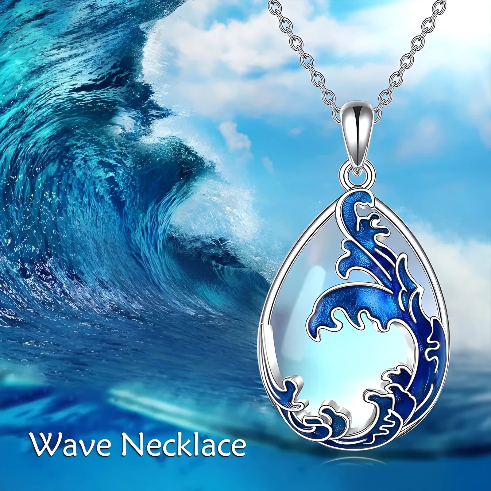 Close-up of a moonstone blue heart-shaped alloy pendant on a necklace chain.