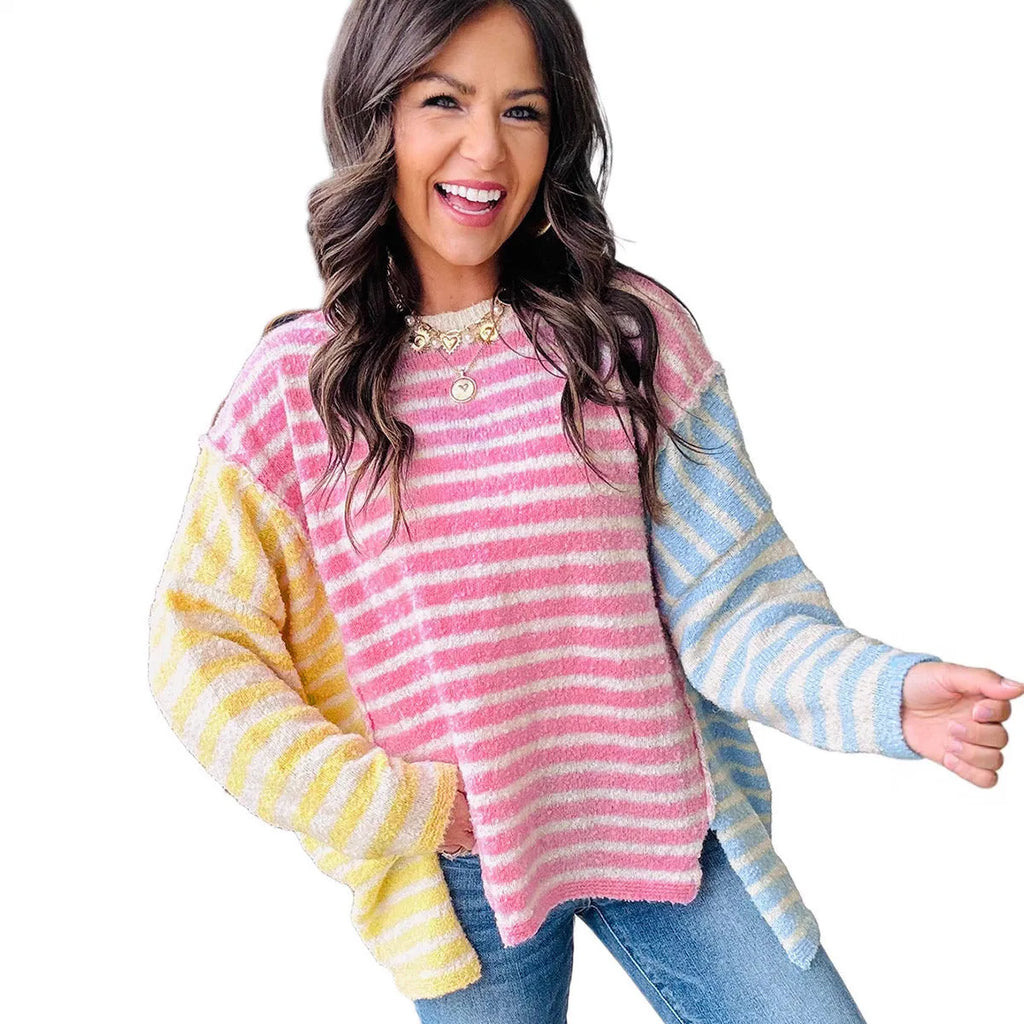 Women's casual striped acrylic long sleeve round neck pullover sweater in LC2726501-P22 colour, front view