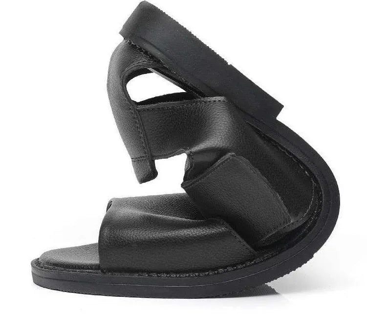 Men's black and brown open-toe leather sandals with a textured rubber sole.
