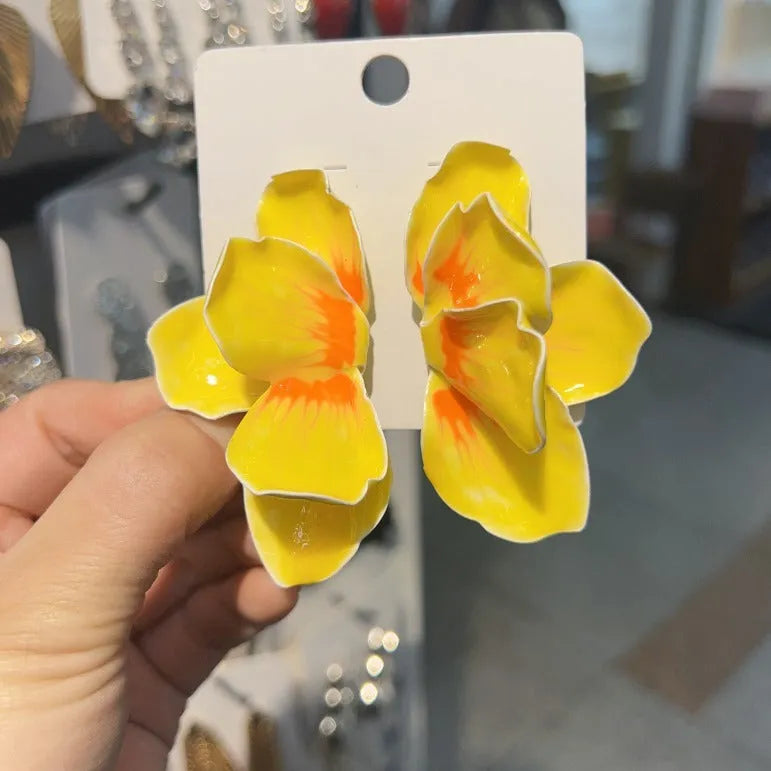 Pastoral style alloy flower stud earrings with electroplated oil-spot glaze finish in four colour options