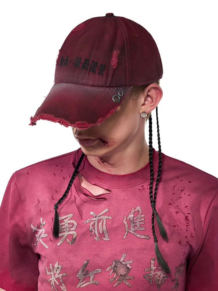Rose red cotton peaked cap with curved brim and adjustable strap