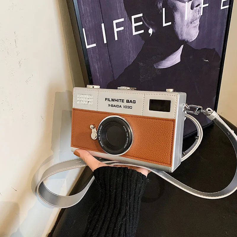 Soft PU leather mini crossbody camera bag with chain strap in silver black colour