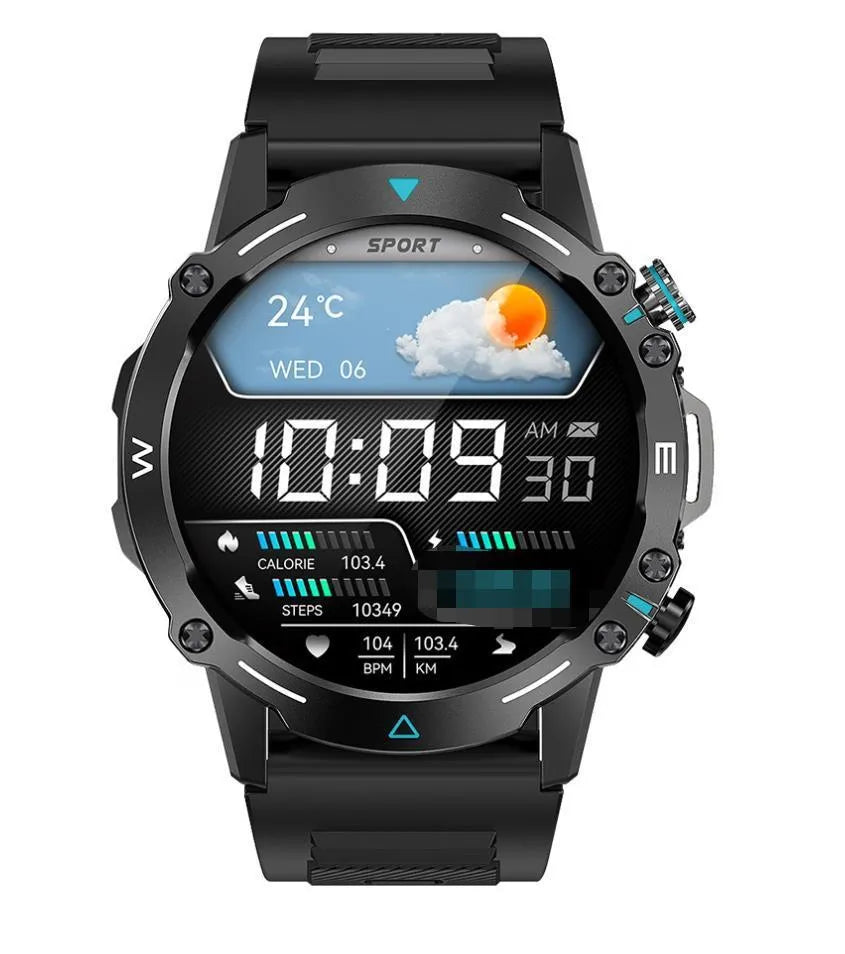 M42 smart watch in black on a wrist, showing the large AMOLED screen displaying fitness metrics