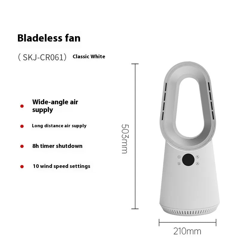 SK white bladeless tower fan with touch screen controls and remote for floor or desk placement