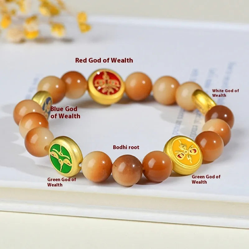 Yellow bodhi seed bracelet with five directions pattern and round geometric design