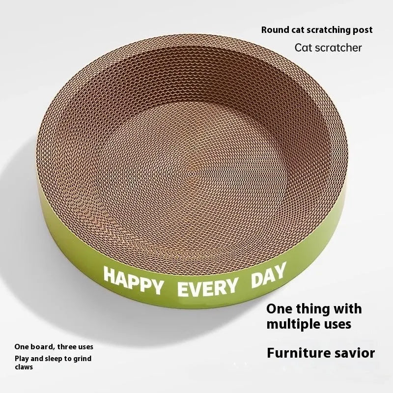 Green round-shaped cat scratching board and nest bed, showing simple style.