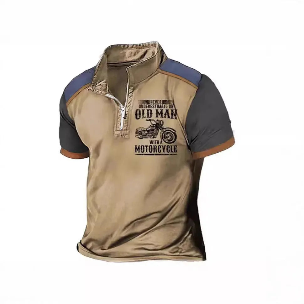 Men's casual short sleeve polo shirt with a digitally printed lapel and zipper details.