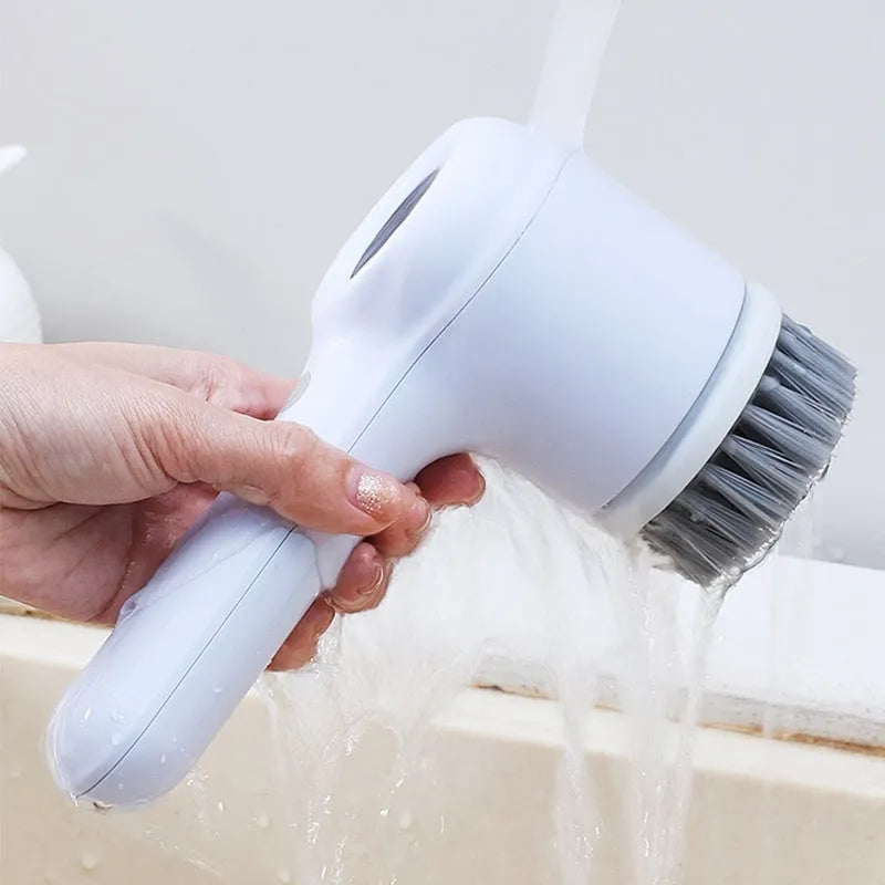 USB rechargeable electric cleaning brush in light grey or purple colour with multiple brush heads.