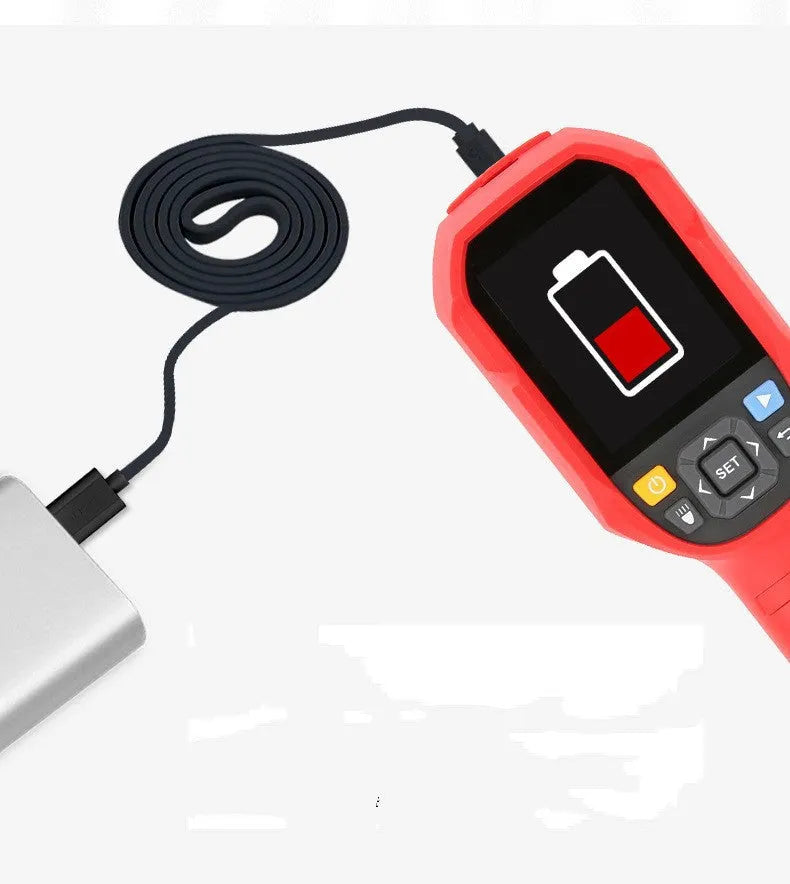 UTi series handheld infrared thermal imager with LCD screen showing a thermal image of an electrical panel.