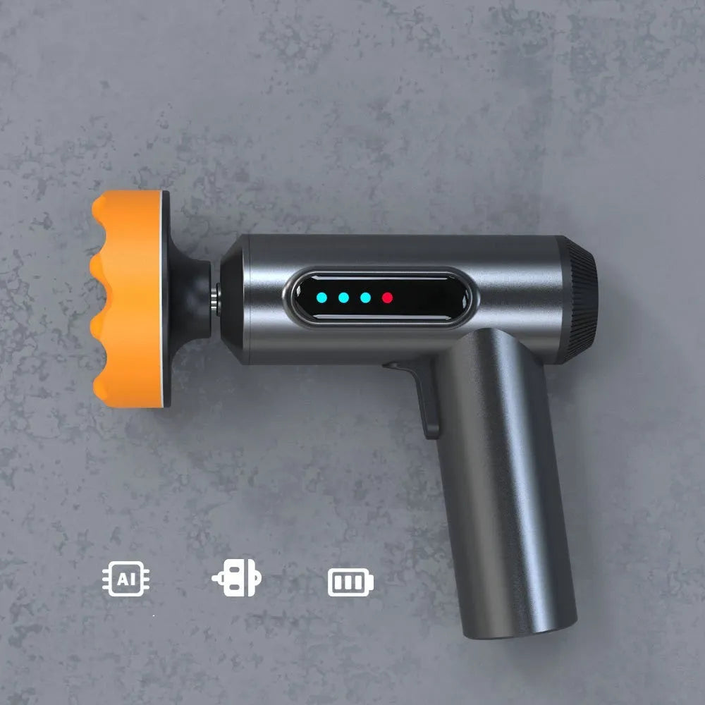 Cordless handheld electric waxing and polishing machine with a white ABS body and a circular polishing disc.