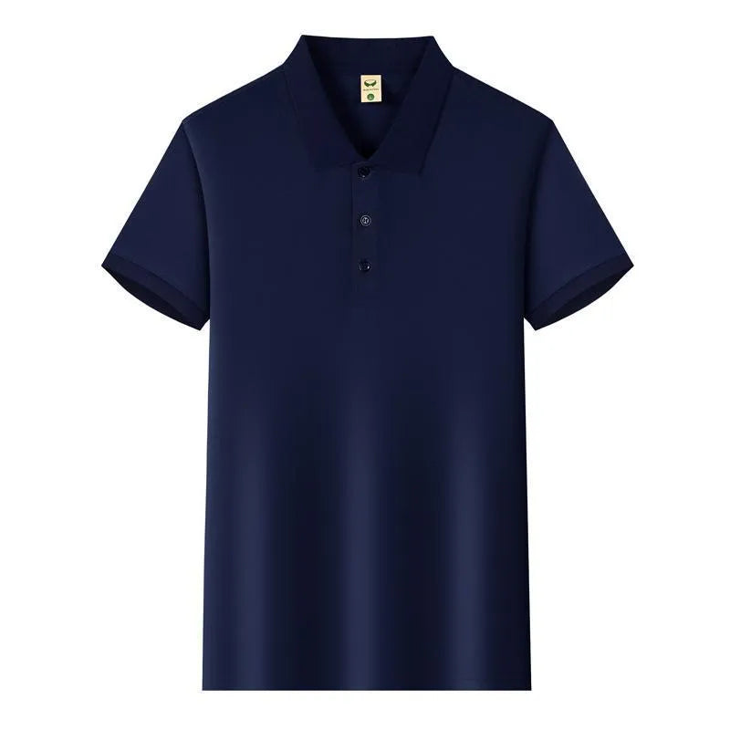 Man's short sleeve Ice Silk lapel business shirt in multiple colours on a hanger.