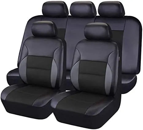 Artificial leather car seat cover set in multiple colours showing front seat, headrest, and back seat pieces.