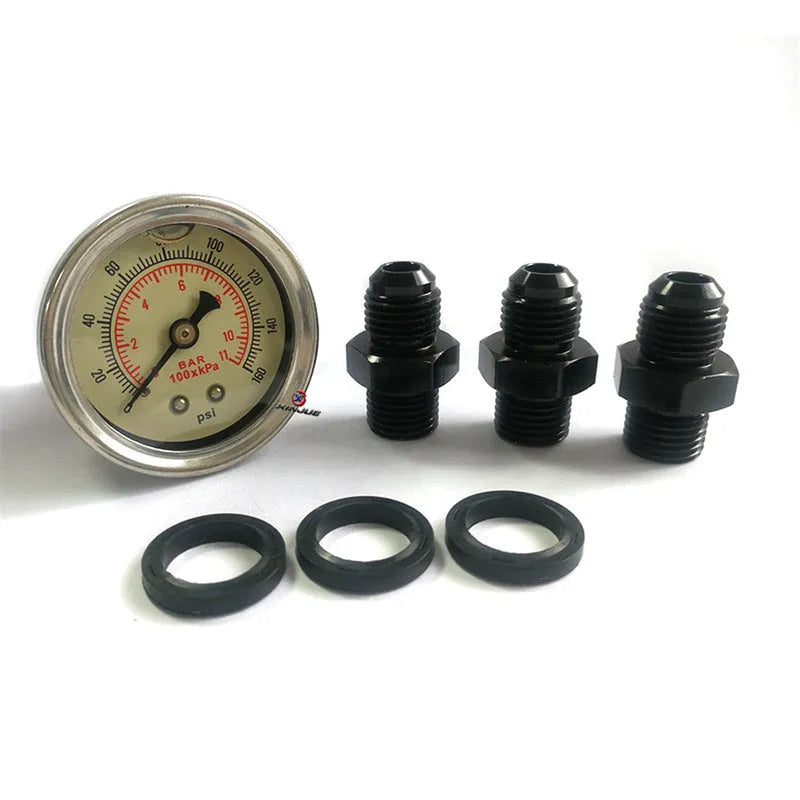 Black aluminium alloy fuel pressure regulator with adjustable pressure gauge and mounting strap