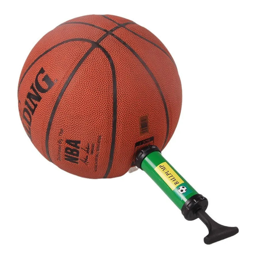 Manual high-pressure plastic pump for inflating basketballs, volleyballs, footballs and balloons in mixed colours.