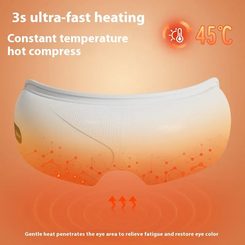 White rechargeable eye massager with hot compress function showing dimensions and ABS plastic construction