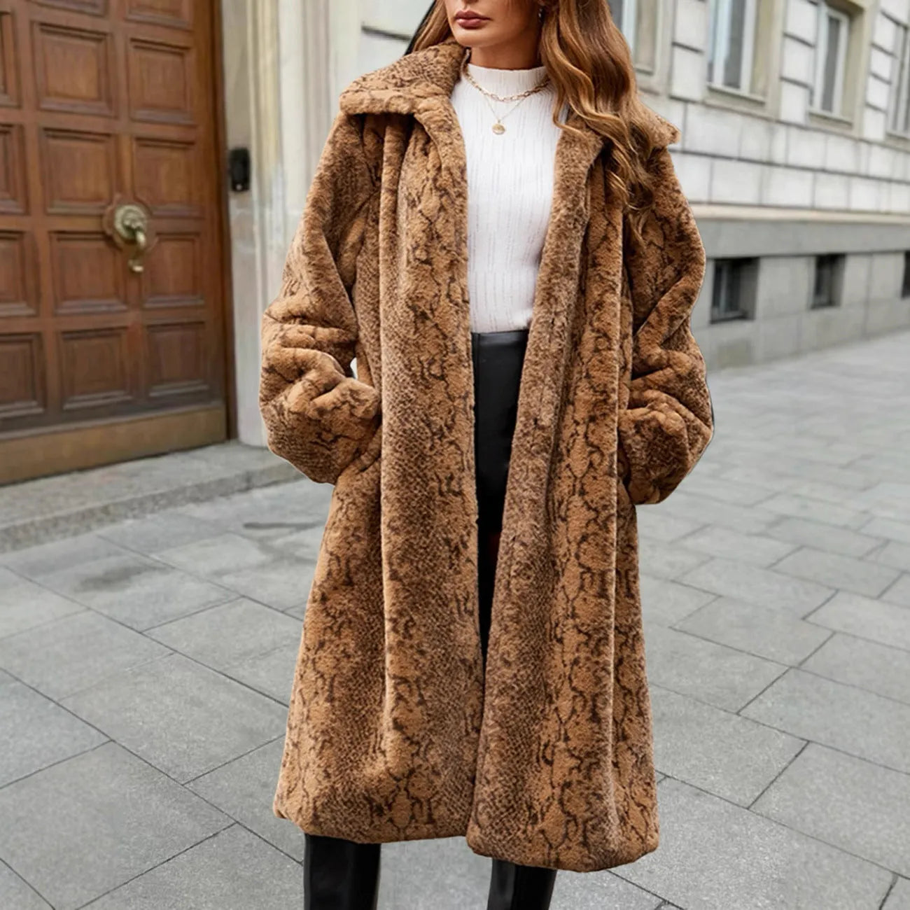 Women's over-the-knee faux fur leopard print coat with regular sleeves