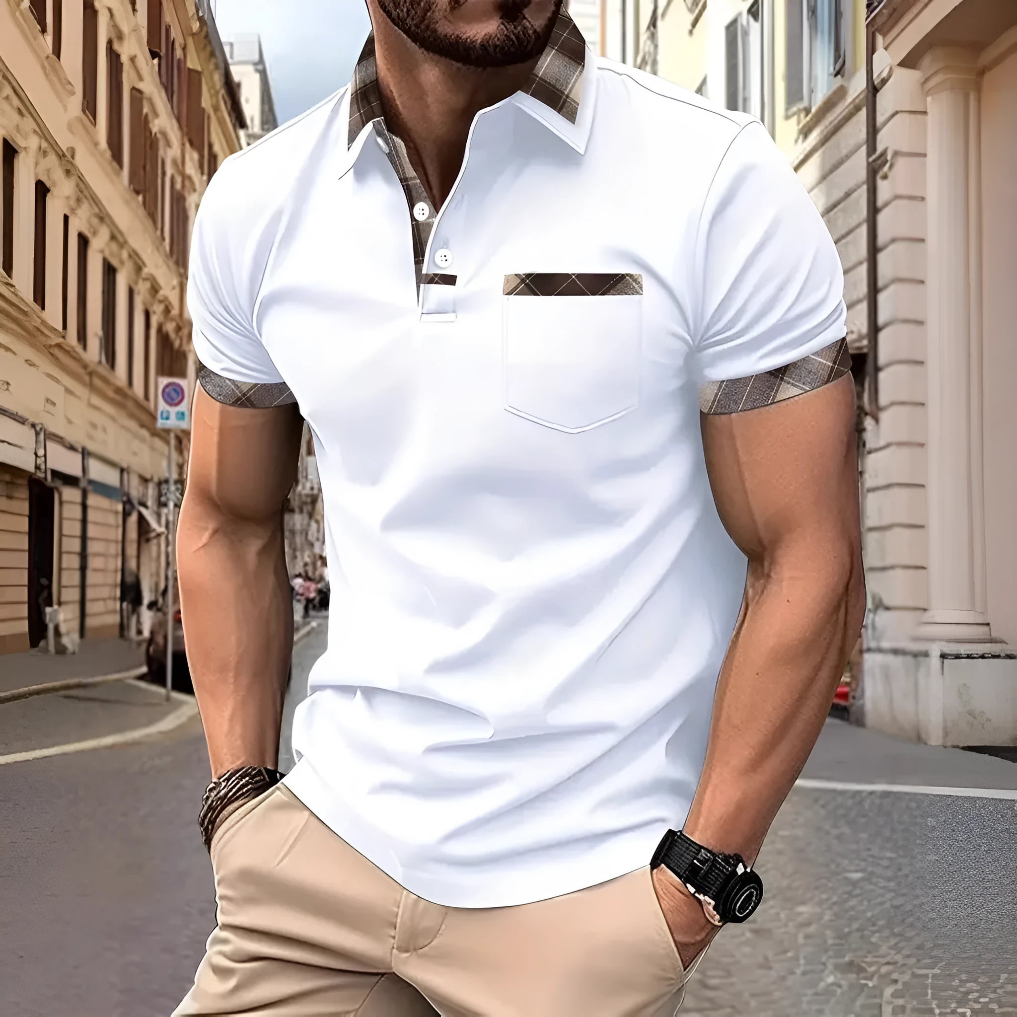 Man modelling a loose-fit plaid colourblock t-shirt with short sleeves and zipper details.