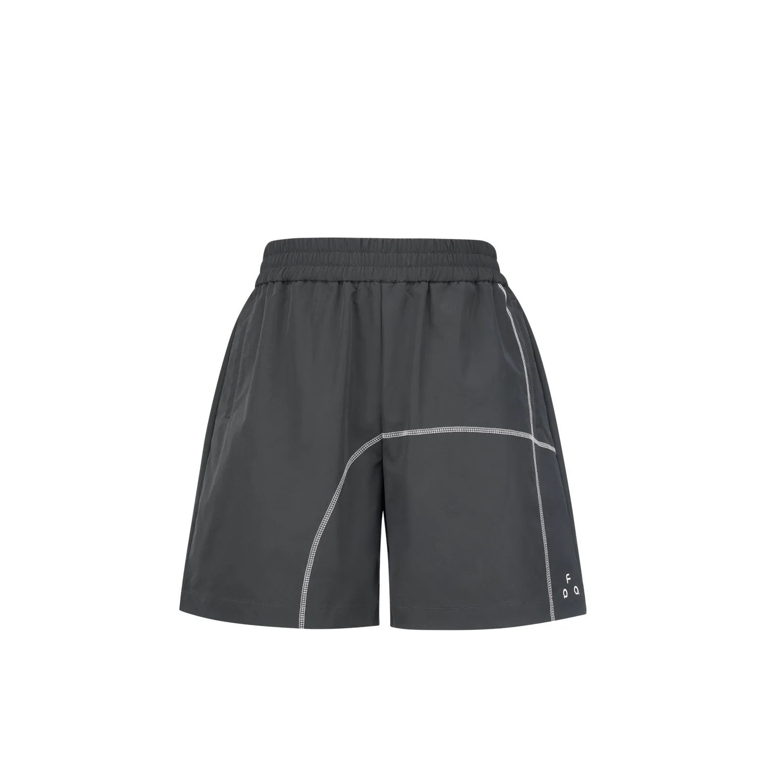 Dark grey high elasticity polyester drawstring shorts with loose fit on a beach background