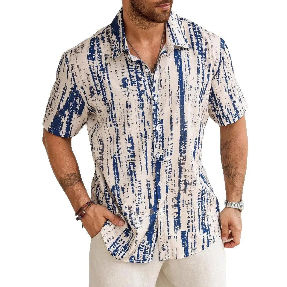 Men's casual short sleeve shirt with 3D printed stripes in anti-wrinkle polyester fabric