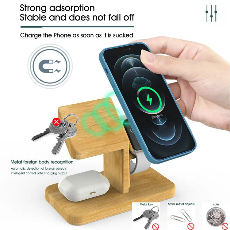 Bamboo three-in-one wireless charger desktop phone holder in natural colour