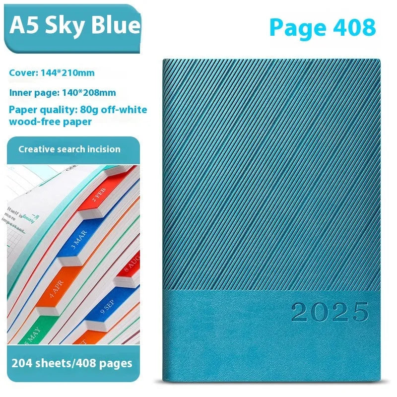 A5 striped PU leather notepad open to show 80g wood-free paper with 408 pages