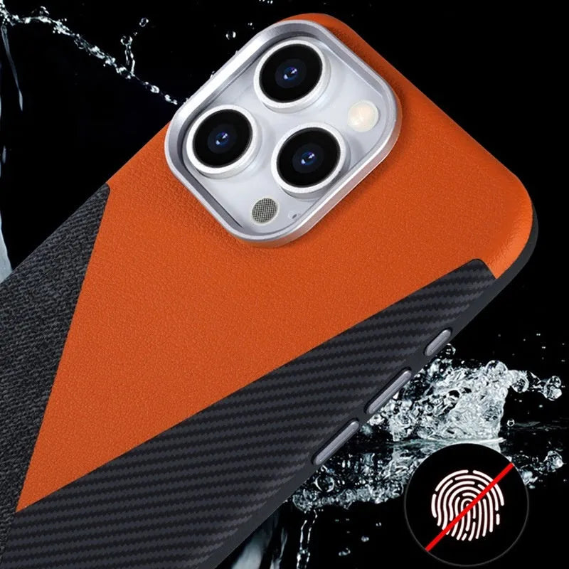 iPhone 15 Pro magnetic phone case with three-combination pigment leather finish in sapphire blue