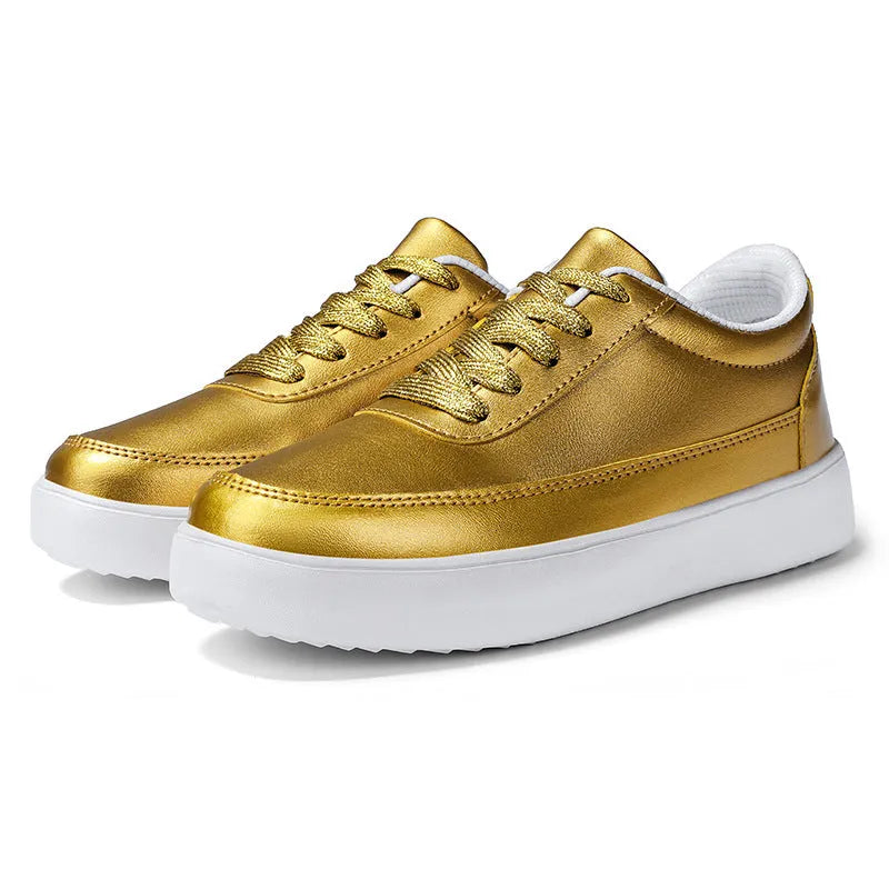 Women's leather lace-up casual flat shoes in white, silver, or gold colour