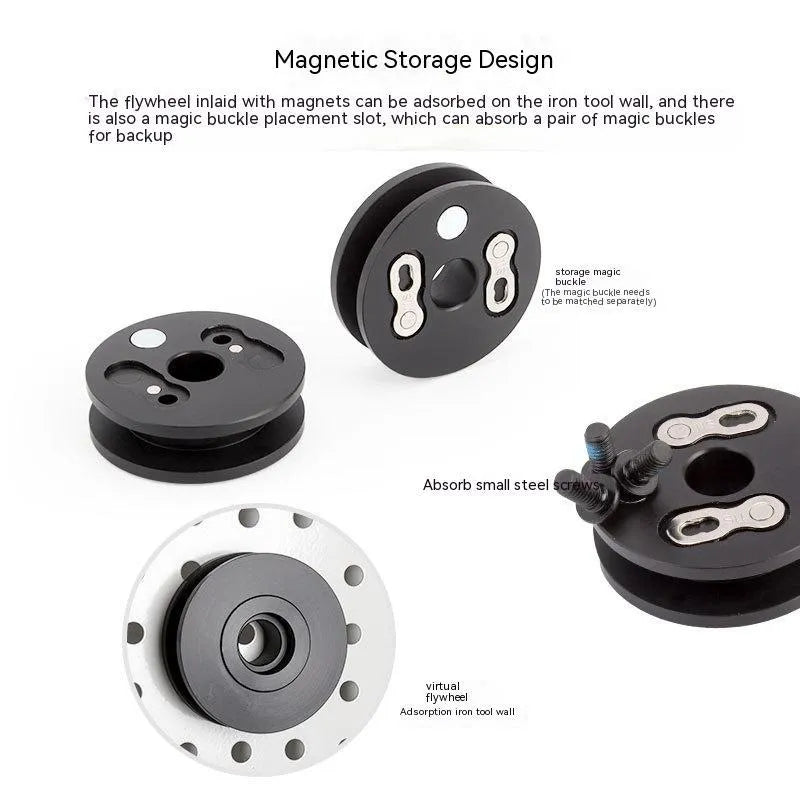 Aluminium bicycle chain holder tool shown in barrel shaft and quick release versions on a workshop bench.