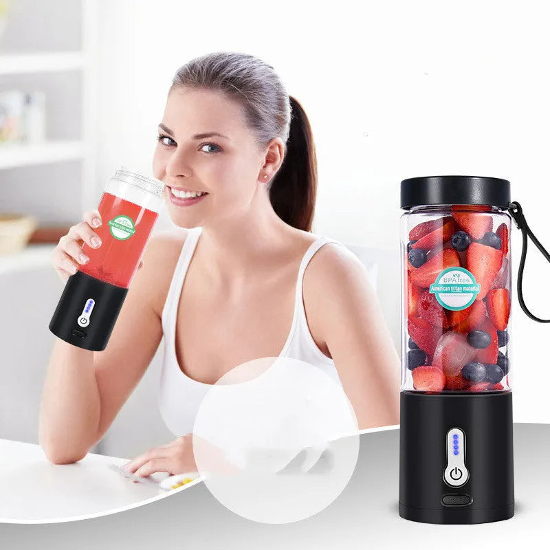Black rechargeable portable blender with clear 530ml cup and five-blade cutter head
