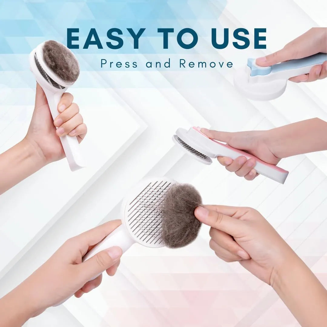 Blue self-cleaning slicker brush for dogs and cats with ergonomic rubber handle