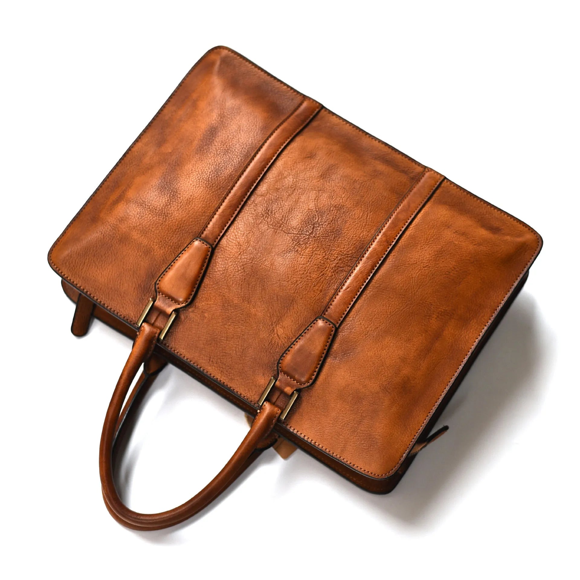 Men's brown leather retro handbag with a horizontal square shape and zipper opening