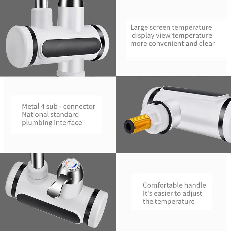 White kitchen instant electric water heater tap with digital temperature display