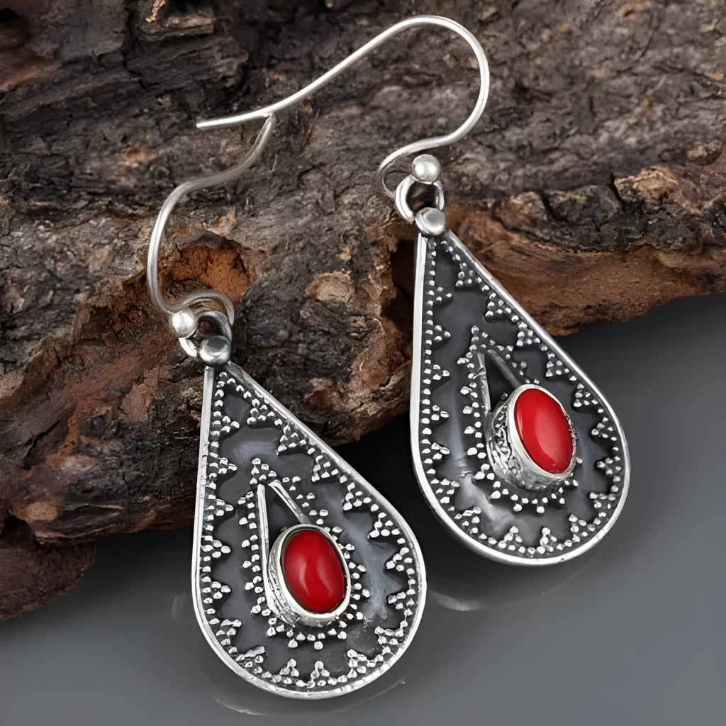 Silver retro-style water drop earrings with European and American national design in zinc alloy with gemstone accents