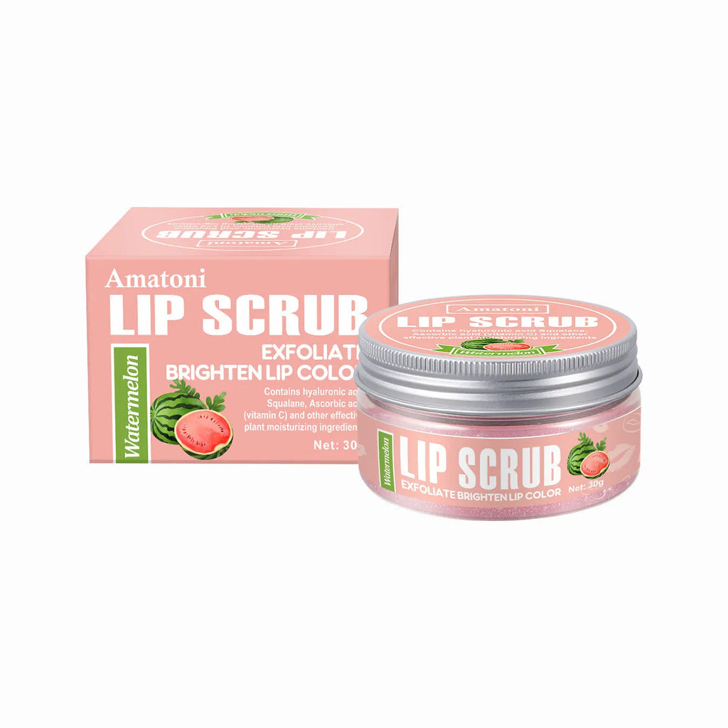 Amatoni Lip Scrub pot in Coconut, Raspberry, Vanilla, or Watermelon flavour, 30g net weight.