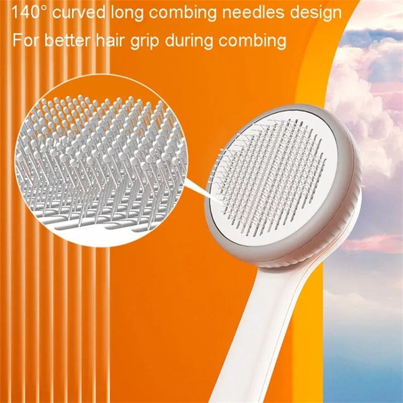 Blue and white self-cleaning pet grooming slicker brush with massage function for cats and dogs.
