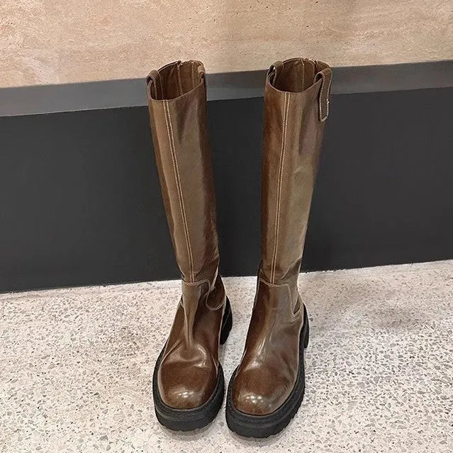 Round toe chunky heel long tube knight boots in black with back zipper closure