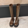 Round toe chunky heel long tube knight boots in black with back zipper closure