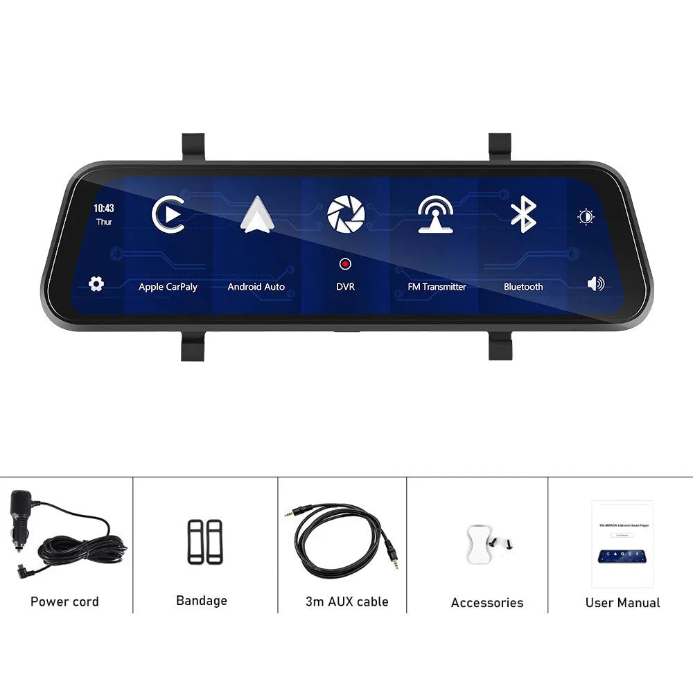 9.66-inch driving recorder rear view mirror with CarPlay Android Auto and dual recording function