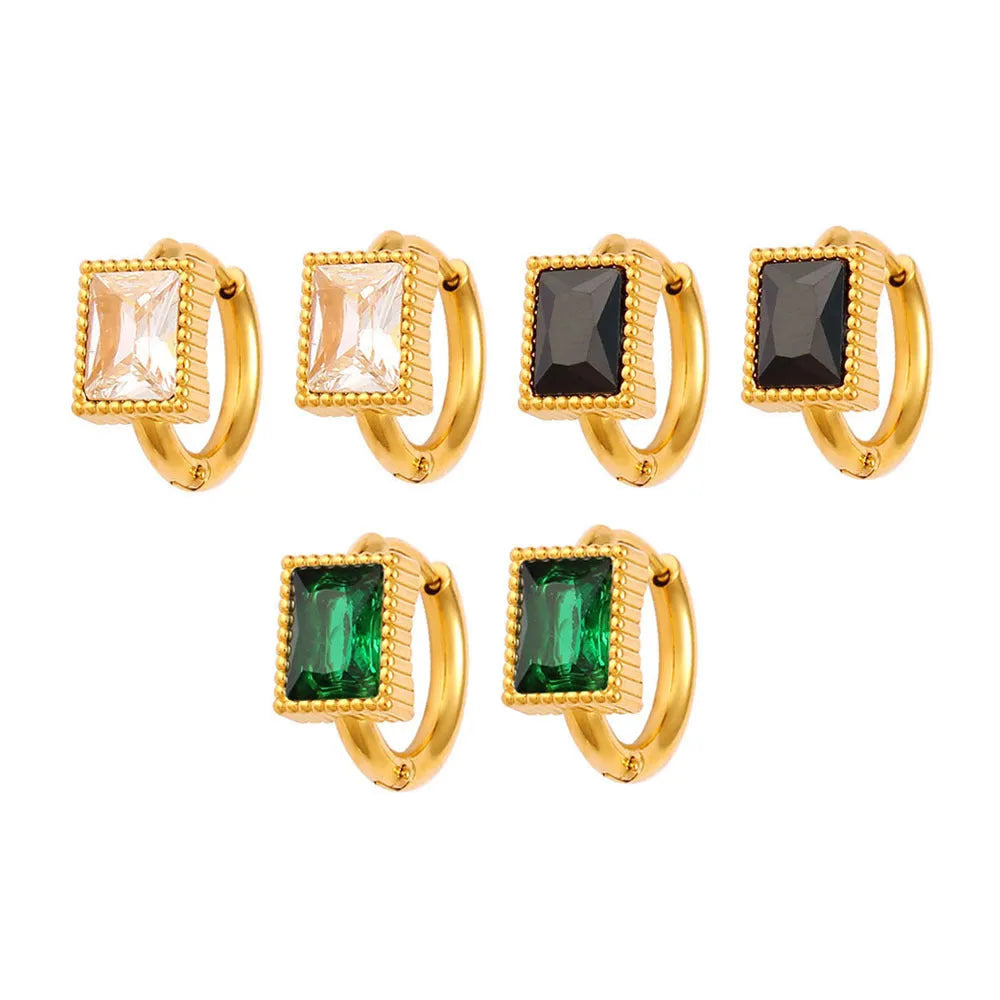 Square zircon stainless steel geometric earrings with round ring elements in white, black or green colours