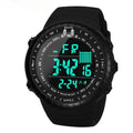Black men's waterproof outdoor electronic watch with 54.74mm dial and PU strap