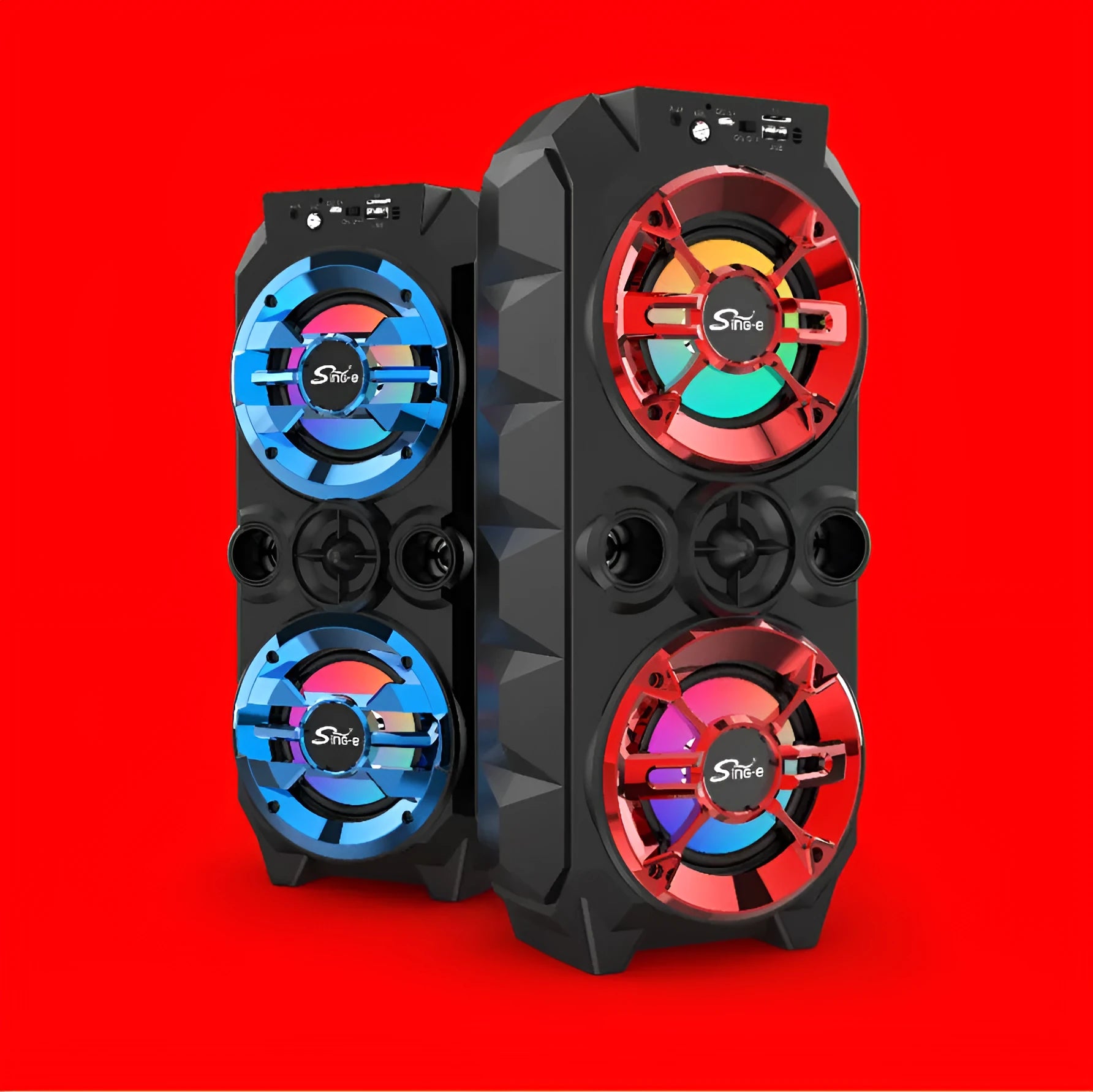 Portable Bluetooth speaker with wireless colour lights and integrated pull rod handle in blue, red, or silver grey