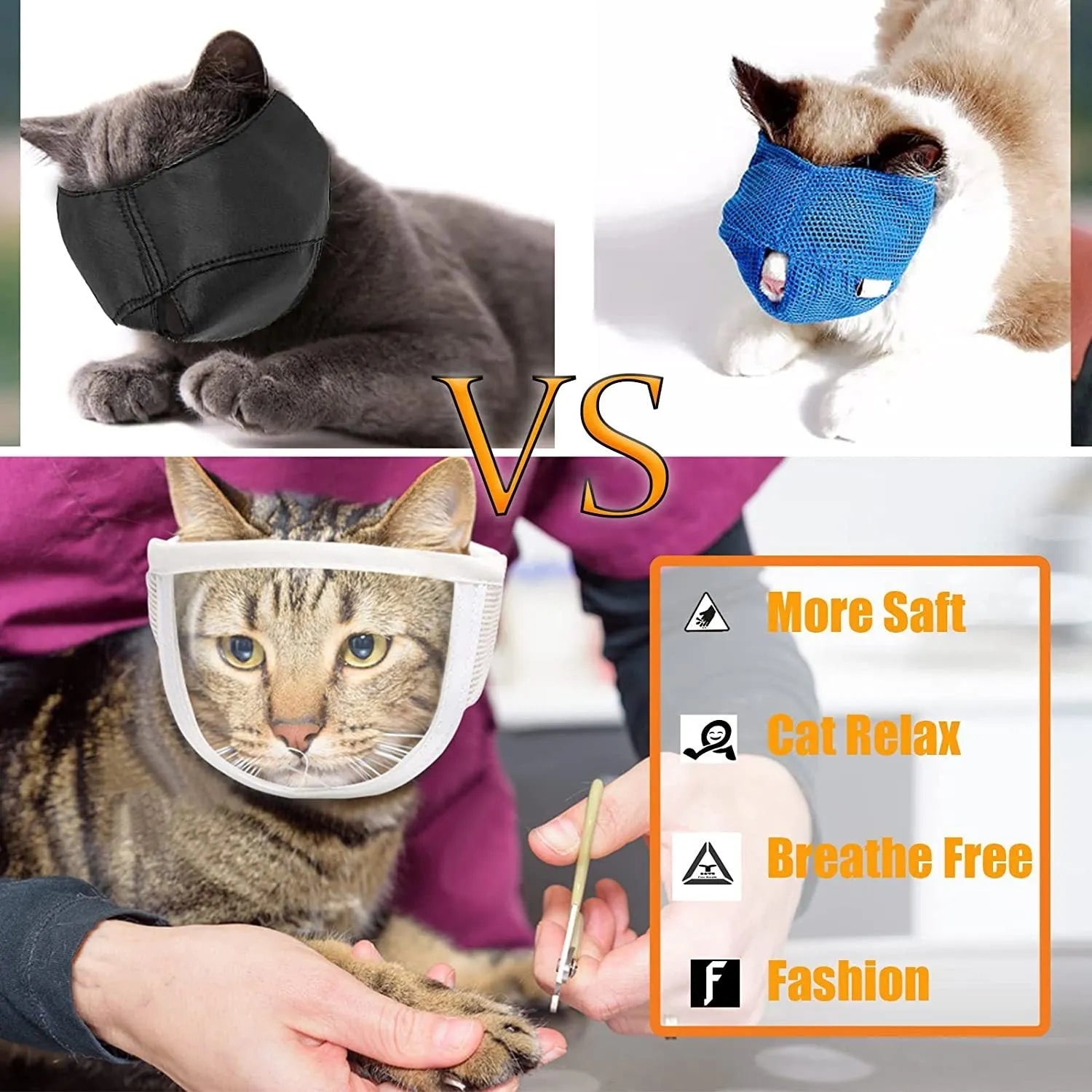 Clear PVC and cotton cat muzzle mask with central breathing hole shown on S and M sizes.