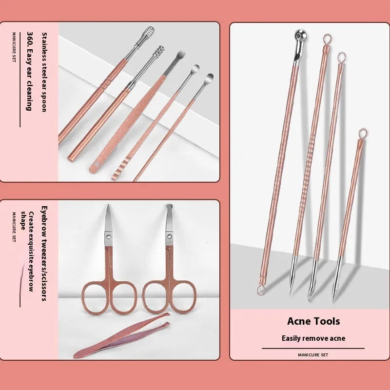 30-piece stainless steel manicure and pedicure tool set displayed in pink, blue, rose gold, black, and green colour options.