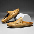 All-matching men's summer plus size slip-on pumps in black, artificial PU upper with plaid pattern, rubber sole, flat heel