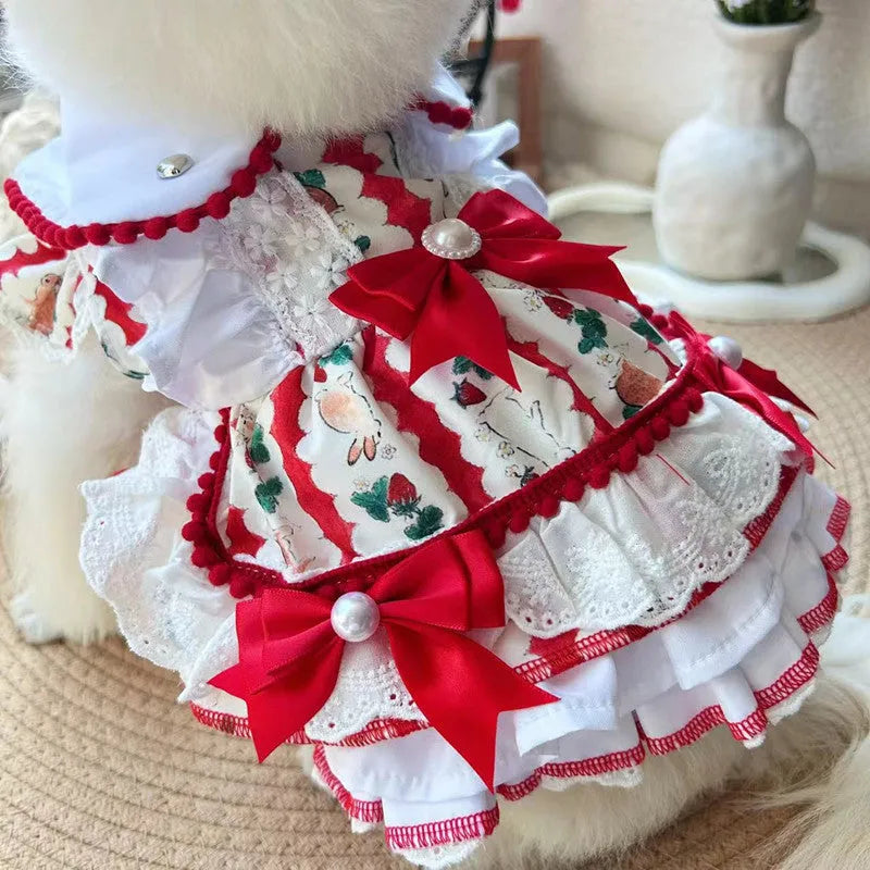 Small white dog wearing a princess-style rabbit skirt costume made of polyester fabric.